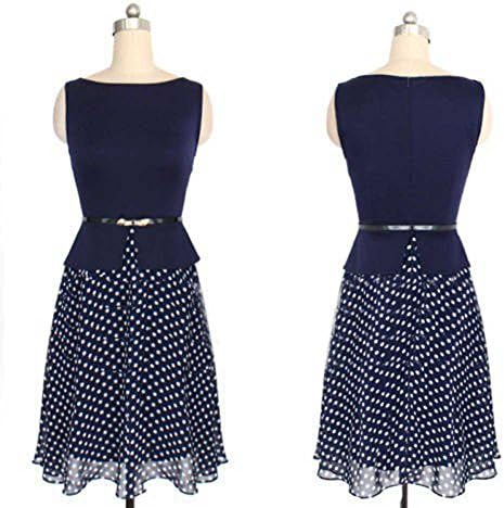 MoonlightCity Women Spring Autumn Polka Dot Sleeveless chiffon Dress With Belt Blue M