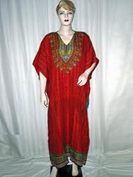 Newage Bohemian Caftan Kimono Sleeve Evening Lounge Wear Crimson Red with Black Batik Print on Neck Kaftan Free Size