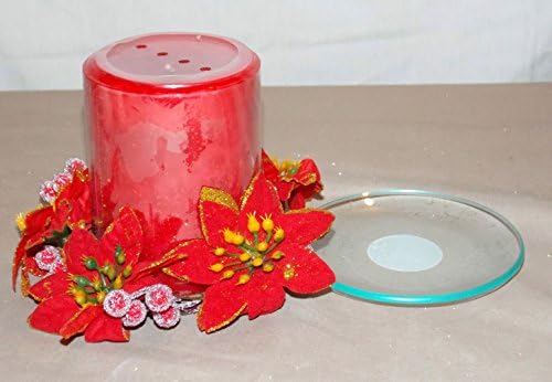 4" Apple Crisp Scent Pilar Candle with Glass Tray and Decorative Poinsetta Ring