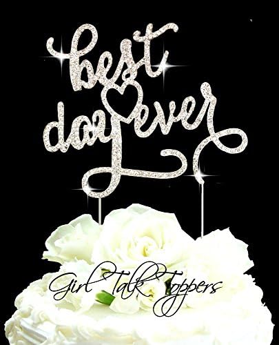 Custom Wedding cake rhinestone topper best day ever silver cake decoration