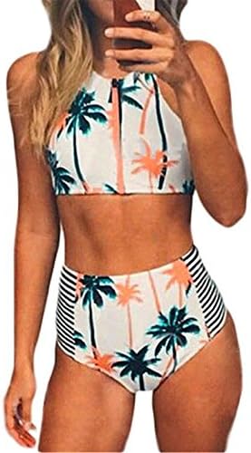 Star Direction Palm Tree Printed Stripe High Waist Swimwear