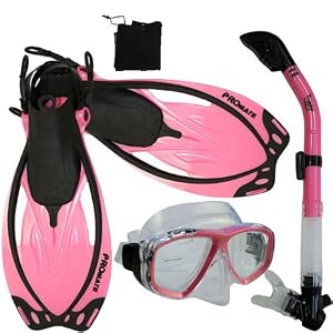 discount Snorkeling Scuba Dive Mask Fins Dry Snorkel Gear Set, Pink, ML/XL for sale