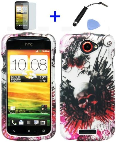 (4 items Combo: Stylus Pen, Screen Protector Film, Case Opener, Graphic Case) Counter Strike Red Wing Guns Skull Design Rubberized Snap on Hard Shell Cover Faceplate Skin Phone Case for T-Mobile HTC One S / Ville