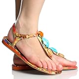 Orange Multi Stone Embellished Thong Fashion Women's Flat Shoes