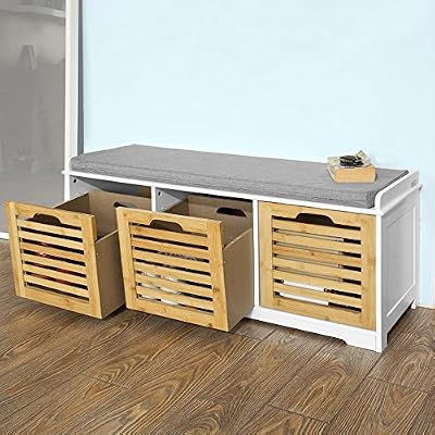 SoBuy FSR23-WN Banc de Rangement avec coussin et 3 cubes, Meuble d'Entrée Commode à Chaussure Banquette confortable