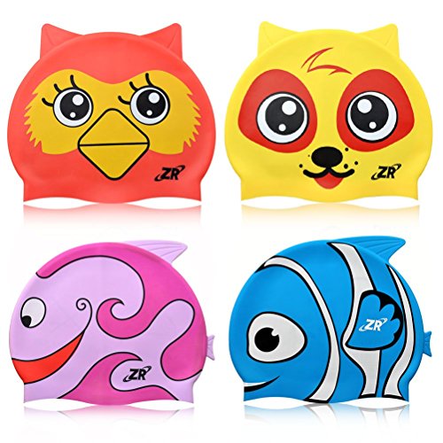Swim Caps, ZIONOR Silicone Swimming Caps for Youth Kids with Cute Animal Cartoon Elastic Designed Non-toxic, Allergy-free Waterproof, Eco-friendly for Boys Girls 3 - 12 Years Old
