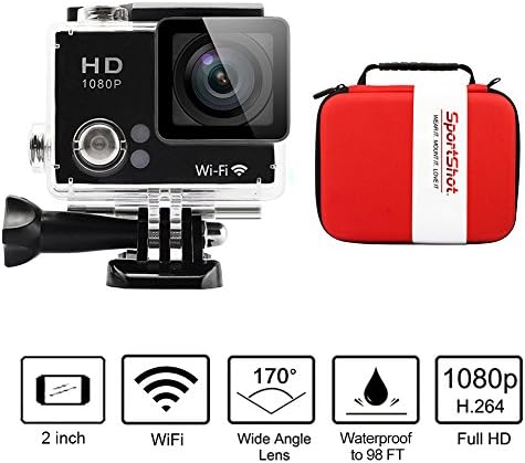 SportShot® Slim 2'' Wifi HD 1080P Waterproof Sports Camera - Red Delicate Shockproof Carrying Bag- 12MP Digital Helmet Car DVR - 170 Degree Fisheye Lens HDMI Output Cam - 20 Mounting Accessories