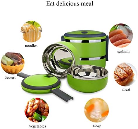 Lunch Box Stackable Reusable Leakproof Double Layer Washable Plastic Bento Food Container for Portion Control Double Wall with Stainless Steel Interior Green