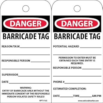 NMC RPT172 Accident Prevention Tag, "DANGER BARRICADE TAG", 3" Width x ...