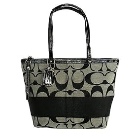 COACH SIGNATURE STRIPE TOTE SHOPPER BAG BLK & WHT