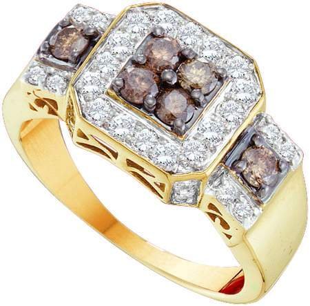 14k Yellow Gold Ring 1 CT Rich Chocolate Diamond at Square Center Shaped Surrounding White Diamonds