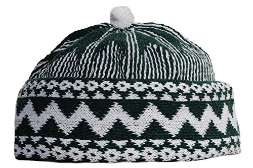 Warm Dark Green Zigzag Design Muslim Beanie Kufi Hat Crown with White Ball - Stretchable Onesize Hat