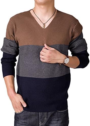 JUWEI Men's Spring V-neck Colorblock Pullover Knitted Shirt Sweater Khaki-L