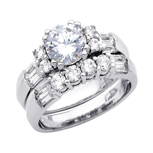 14K White Gold Round Round & Baguette CZ Cubic Zirconia Wedding Engagement Ring and Wedding Band 2 Two Piece Set 14K White Gold Round Round & Baguette CZ Cubic Zirconia Wedding Engagement Ring and Wedding Band 2 Two Piece Set
