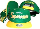 Seattle Supersonics Script Green/Yellow Two Tone Snapback Adjustable Plastic Snap Back Hat / Cap