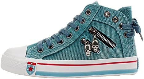 Wuyiwan Women Skull Fashionable Zipper Lace-up Flats Canvas Shoes(5.5 B(M) US, LakeGreen)