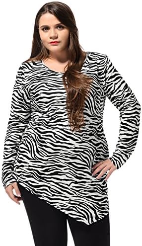 KAIA Women Plus Size Zebra Print Asymmetric Hem Loose Tunic Top Ivory 1X
