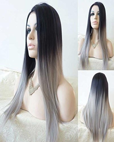 Glueless Ombre Tone Color Black and Grey Heat Resistant Lace Front Wig (18