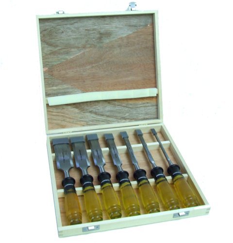 7 Piece bevel edge wood chisel set in wooden storage box