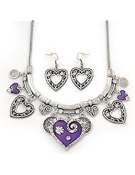 Burn Silver Hammered Charm Purple Heart Necklace & Drop Earrings Set - 38cm Length/6cm Extension