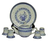Oriental blue and white rice pattern miniature tea set - porcelain
