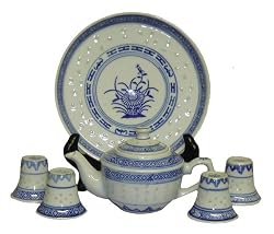 Oriental blue and white rice pattern miniature tea set - porcelain