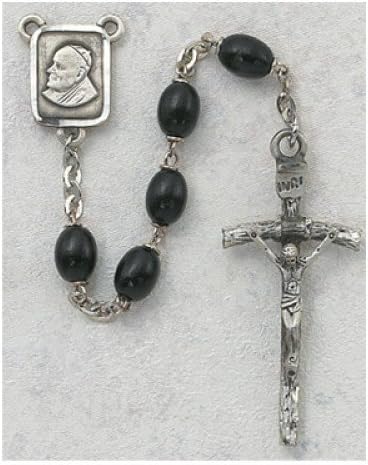 Men's Black Pope John Paul II Catholic Rosary Beads - This Masculine Rosary has 6mm Oval Shaped Black Wood Beads with a Silver Oxidized Papal Crucifix and a Silver Oxidized Pope John Paul II Centerpiece. This Beautiful Rosary Comes Packaged in an Elegant Deluxe Gift Box.
