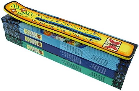 Zen Mood Incense Gift Pack - 3 Boxes of Assorted Indian God Incense and 1 Hand Painted Incense Holder with Butterfly Design - Yellow