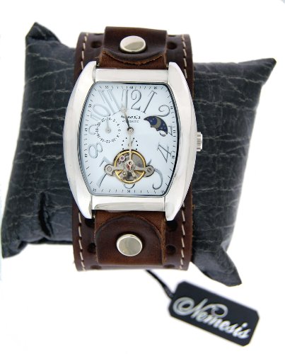 Nemesis #STH006W Men's Premium Wide Leather Cuff Band Automatic Tourbillon Watch