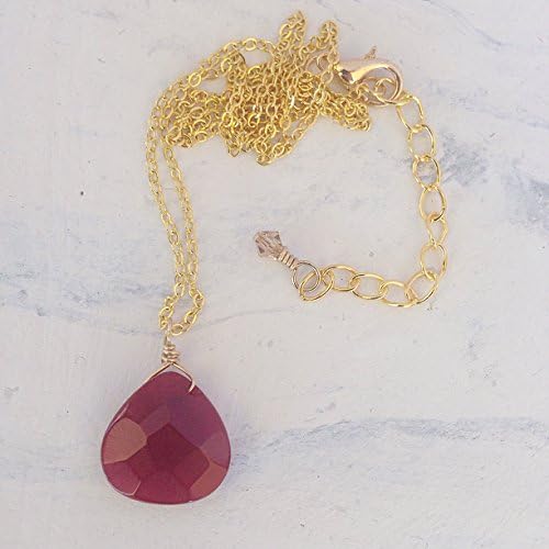 18" Gold Plated Chain Necklace with Raw Ruby Triangle Gemstone Pendant and Champagne Swarovski Extender