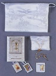 Girls Deluxe First Communion Gift Sets - Pearl Rosary with Satin Rosary Case - 3-D Little Jesus FC Missal - FC Pin - Scapular - Satin Brocaded Shoulder Purse