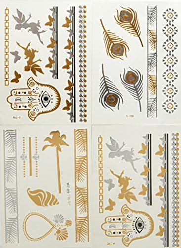 Flash Tattoos Metallic Gold, Silver, Black Temporary Tats Sticker Bling (4-Sheets) WT-2.6.9