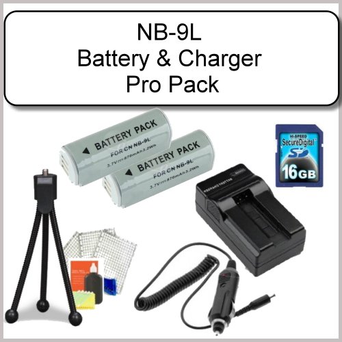Canon NB9L (1200 mAh) Battery Pack & Charger Kit Includes – 2 Replacement NB-9L Batteries, Rapid External Charger, Table Top Tripod, Cleaning Kit, LCD Screen Protectors, 16 GB Class 10 SDHC Memory Card