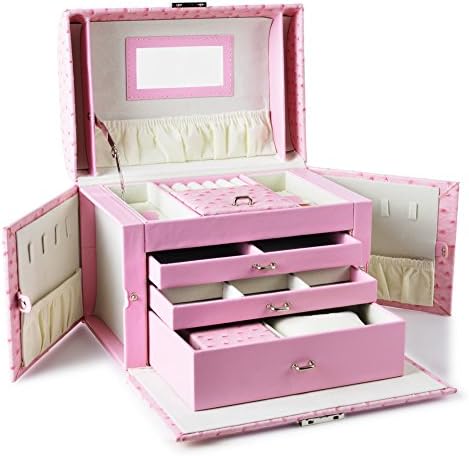 Youngway Leather Jewelry Box Lockable Jewel Case with Mirror handle and Storage Drawers (pink)