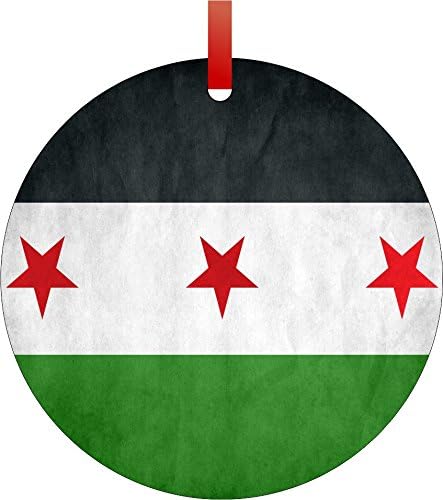 Syrian Flag-Syria-Round Aluminum Christmas Ornament with a Red Satin Ribbon/Holiday Hanging Tree Ornament/Double-Sided Decoration/Great Unisex Holiday Gift!