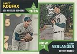 Sandy Koufax and Justin Verlander 2012 Topps Heritage Baseball Then and Now Insert Card #TN-KV Shipped in a Protective Screwdown Case. Great Card Showing the Los Angeles Dodgers Hall of Famer in His Gray Jersey and Verlander in His White Detroit Tigers Jersey.