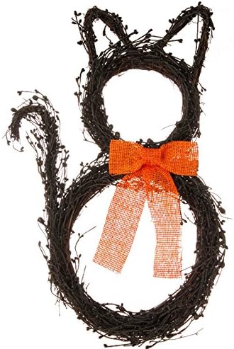 Black Cat-shaped Vine Wreath with Orange Bow, 22 Inches Tall, Halloween