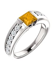 14K White Gold 5.00x5.00mm Princess Cut Citrine and Diamond Ring -- LIFETIME WARRANTY