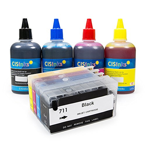 CISinks® Refillable Ink Cartridge Kit with Refill Bottle Set for HP 711 Designjet T120 T520 - HP711