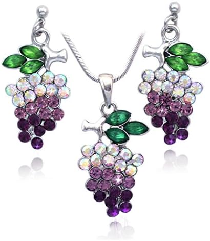 Rose Candy Purple Lavender Crystal Grapes Fruit Necklace Post Dangle Earrings Jewelry Set