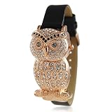 Bling Jewelry Geneva Platinum Womens Black Leather Style Rose Gold Plated Owl Watch