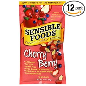 Sensible Foods Crunch Dried Snacks, Cherry Berry, 0.75-Ounce 12-Count Pouch