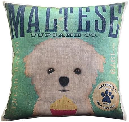 Createforlife Cotton Linen Square Decorative Throw Pillow Case Cushion Cover Retro Creative Maltese Dog 18"