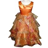 Girls Fashion Dress - Tangerine with Layered Floral Print Organza (Size 4T - 8)