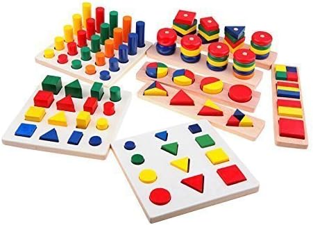 YIXIN Wooden Montessori Teaching 8pcs Set Assorted Geometric Shape Sorter Puzzle Board Building Block Toy Rainbow Bricks Teaching Toy for Educational Training by Xinjia