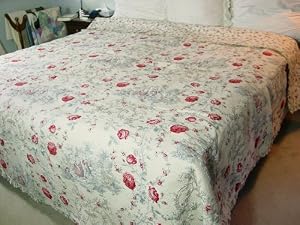 French Toile Blue Pink Toile Floral French Boutis Queen Size Comforter Quilt with Ruffle Edge