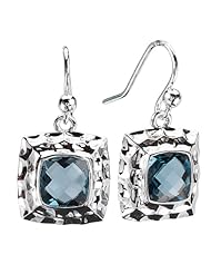 925 Sterling Silver Hammered Earrings with Square Faceted London Blue Topaz