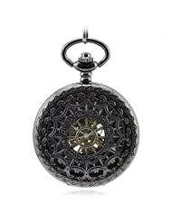 Tirio Antique Roman Half Hunter Black Steel Metal Hollow Skeleton Hand Wind Mechanical Pocket Watch