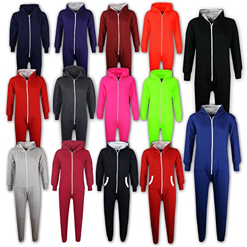 Kids Girls Boys Plain Color Fleece Hooded Onesie All In One Jumpsuit 5-13 Years