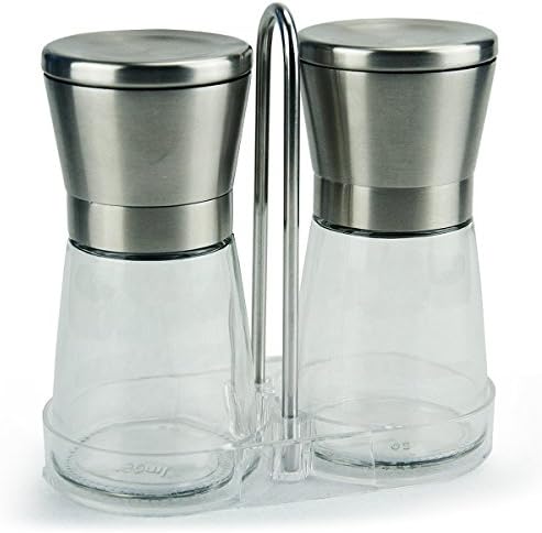 Salt and Pepper Mill Grinder Set Brushed Stainless Steel with Matching Stand